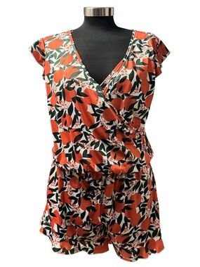 Orange Print Ruffle Hem Romper w/ Built-In Bra & Pockets Size Large